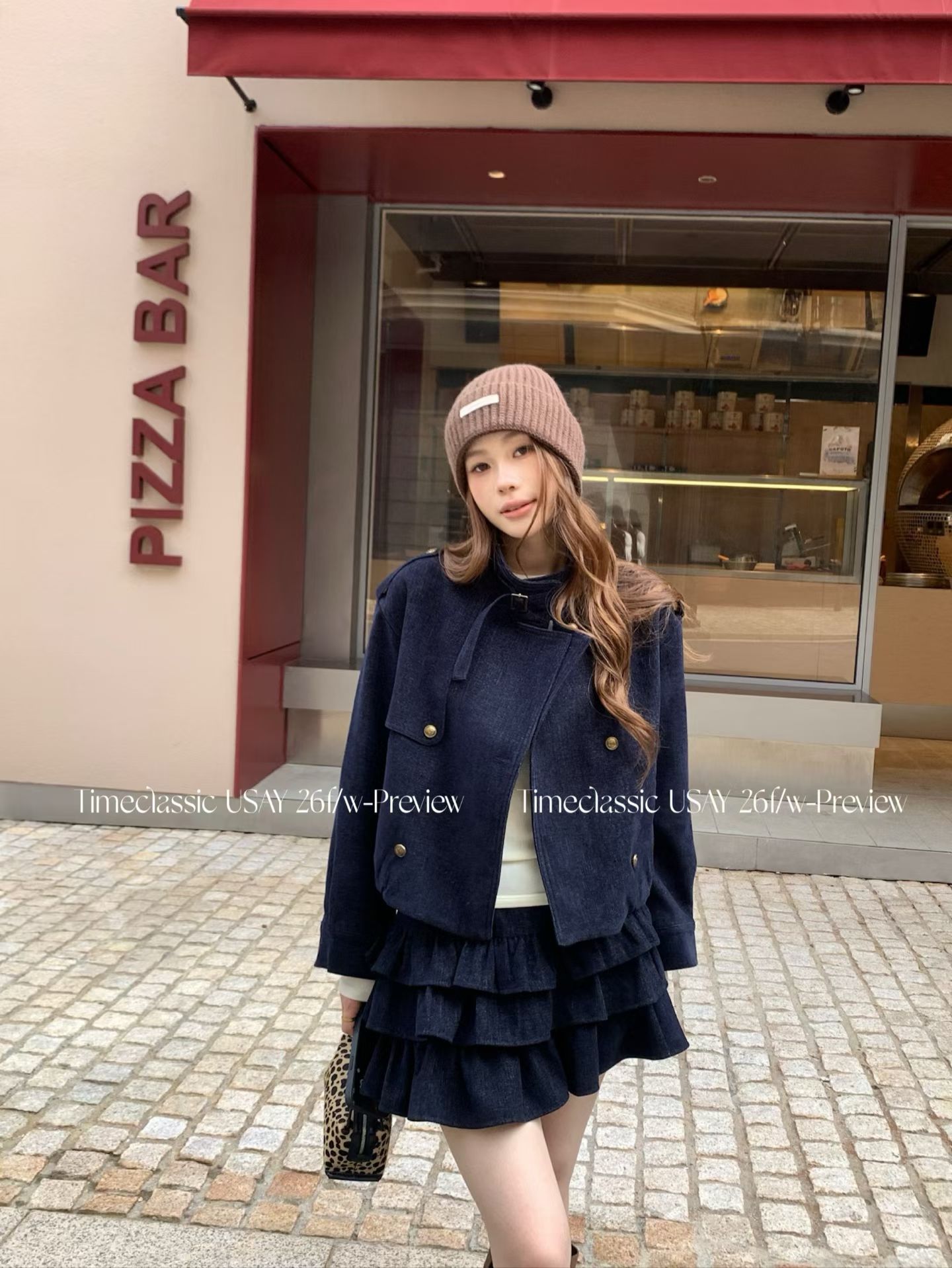 韩系新时尚高品质设计感立领双排扣雪尼尔短款外套蛋糕半身裙套装