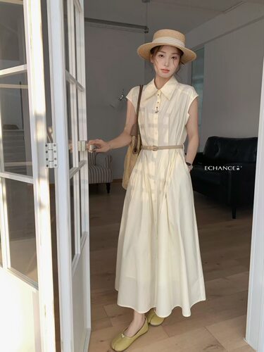SY韩系新款时尚高品质翻领单排扣短袖衬衫连衣裙女度假风优雅长裙