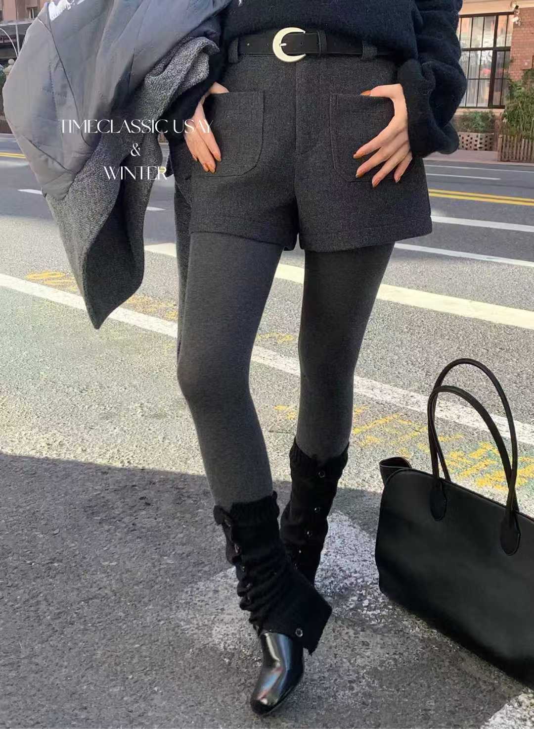 SY韩系新款时尚设计感小众高品质高腰呢子百搭短裤带腰带显瘦裤子