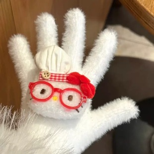 nah手作可爱厨师帽kitty猫手套毛绒红格子蝴蝶结骑行卡通防寒萌系