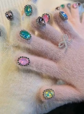 nah手作美甲钻石手套冬季闪钻装饰韩系蝴蝶结保暖骑行仿兔毛y2k