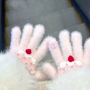 nah手作奶油草莓蛋糕少女心保暖加厚仿貂毛分指手套毛绒可爱y2k