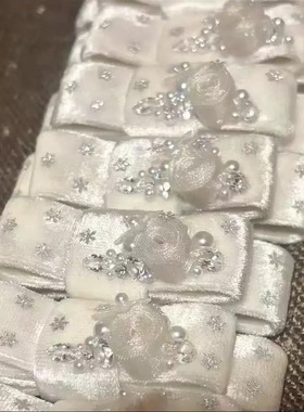 nah手作白色珍珠闪钻丝绒蝴蝶结玫瑰花朵发夹冬日雪花发饰头饰y2k