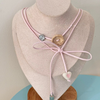 nah手作多巴胺缠绕项链粉蓝绑带纽扣爱心小熊吊坠可爱千禧古早Y2K