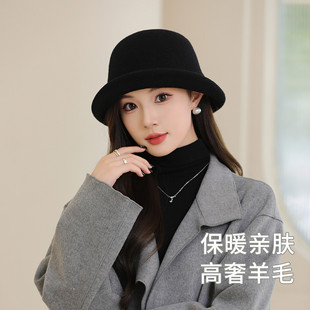 帽子女秋冬羊毛高级感时尚百搭气质复古日式翘边盆帽渔夫帽显脸小