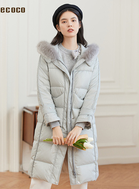 Famecoco范可儿连帽羽绒服中长款保暖狐狸毛领90白鸭绒D218AD301