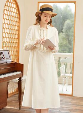 Famecoco范可儿法式木耳边宽松长袖连衣裙气质纯棉长裙FAB1FA012