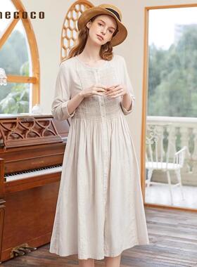 Famecoco折扣店文艺棉麻圆领连衣裙宽松舒适打揽衬衫裙FAB1FA015