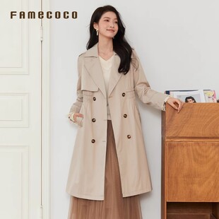Famecoco折扣店简约百搭宽松风衣长款双排扣西装领外套FAB6AT001