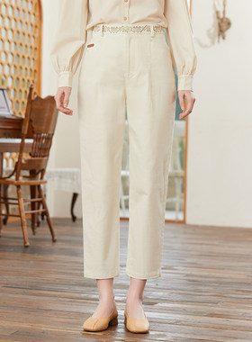 Famecoco折扣店刺绣高腰纯色直筒裤显瘦百搭纯棉休闲裤FAB1GA001
