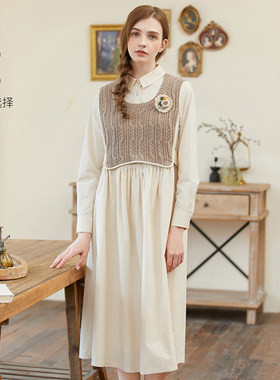 Famecoco折扣店假两件马甲拼接衬衫裙收腰显瘦连衣裙F225FA022