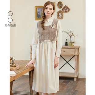 裙收腰显瘦连衣裙F225FA022 Famecoco折扣店假两件马甲拼接衬衫