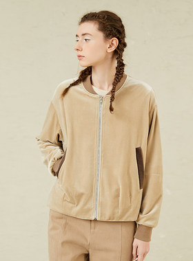 Famecoco折扣店韩版时尚丝绒棒球服宽松休闲短外套D221AB300