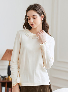 Famecoco折扣店花边领磨毛打底衫保暖圆领长袖T恤上衣FAB8BB026