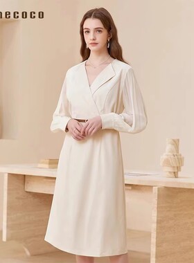 Famecoco范可儿优雅通勤V领连衣裙职业收腰西装裙中长款FAC1FA036