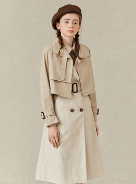 【风衣两件套】Famecoco折扣店优雅长款收腰马甲+短外套F221AT002