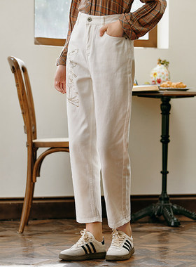 Famecoco折扣店范可儿兔子印花高腰牛仔裤显瘦直筒裤F225GA013