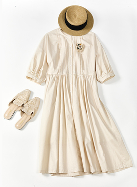 Famecoco折扣店简约气质圆领连衣裙宽松显瘦灯笼袖长裙F223FA016