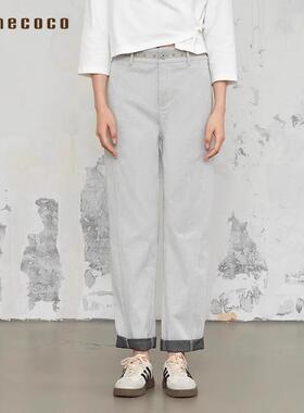 Famecoco个性铆钉织带高腰直筒裤通勤简约宽松休闲裤FAB6GA006