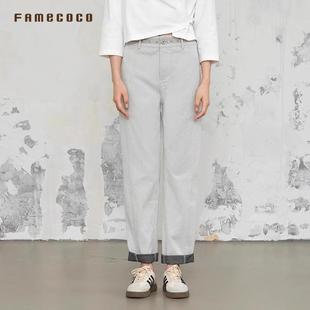 Famecoco个性 FAB6GA006 铆钉织带高腰直筒裤 通勤简约宽松休闲裤