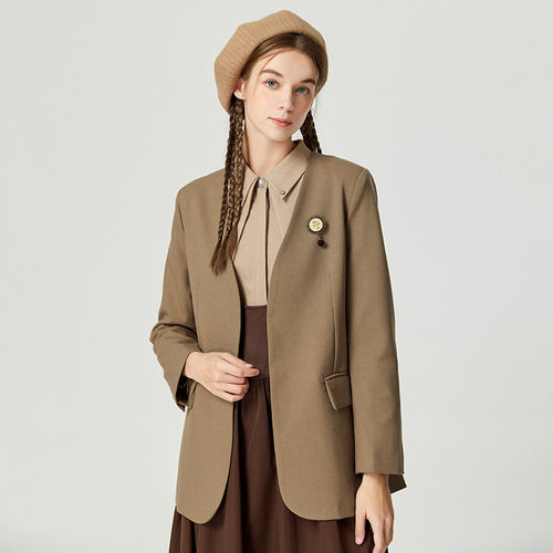 Famecoco折扣店天丝无领休闲西装外套通勤商务女士正装D221AW402