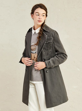 Famecoco折扣店时尚复古牛仔拼接西装领风衣外套中长款F221AA005