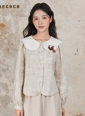 Famecoco折扣店娃娃领双色亚麻衬衫短款宽松上衣外套FAB6AB006