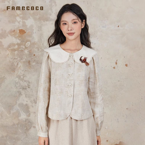 Famecoco折扣店娃娃领双色亚麻衬衫短款宽松上衣外套FAB6AB006