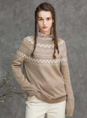 Famecoco范可儿文艺复古费尔岛提花毛衣宽松圆领针织衫F218DB002