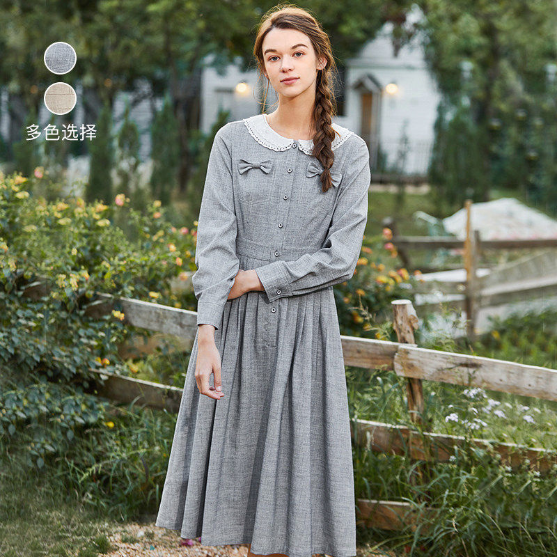 Famecoco折扣店复古斜纹蝴蝶结收腰连衣裙法式气质长裙F221FA010