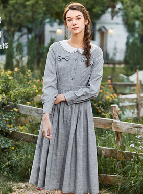 Famecoco折扣店复古斜纹蝴蝶结收腰连衣裙法式气质长裙F221FA010