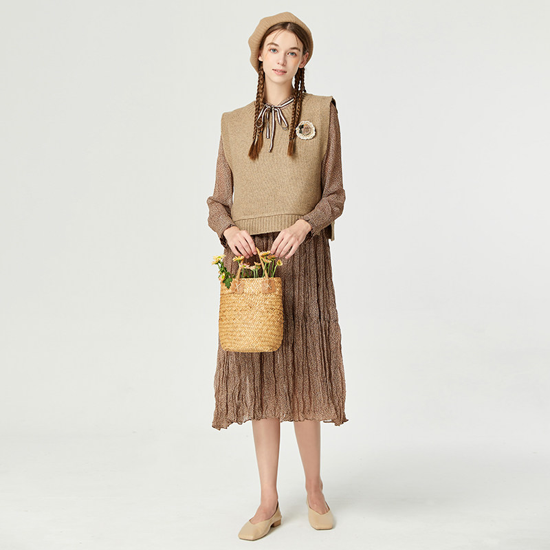 Famecoco折扣店温柔复古风雪纺连衣裙针织马甲两件套D225EA300