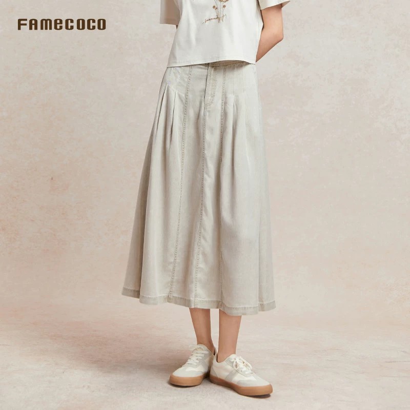 Famecoco折扣店复古天丝牛仔A字裙垂感显瘦半身裙中长款FAC3HA021 - 实物图
