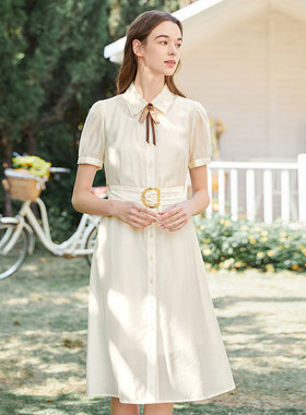 Famecoco折扣店气质优雅天丝混纺衬衫裙收腰显瘦连衣裙FAB3FA015