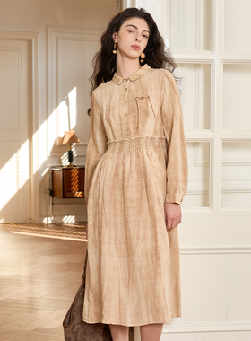 Famecoco设计感文艺炒色亚麻衬衫裙高腰A字长袖连衣裙FAB1FA011