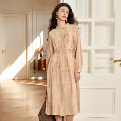 Famecoco设计感文艺炒色亚麻衬衫裙高腰A字长袖连衣裙FAB1FA011