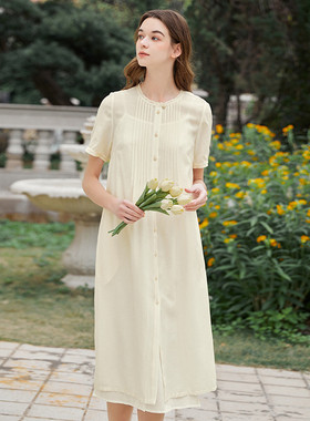 Famecoco折扣店文艺休闲花边领连衣裙宽松直筒垂感长裙FAB3FA064