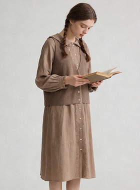 Famecoco折扣店宽松花边领棉麻连衣裙针织马甲套装裙F225EA001