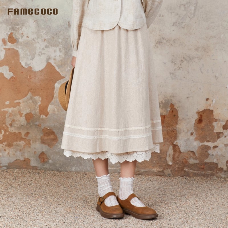 法式亚麻花边裙田园风A字半身裙