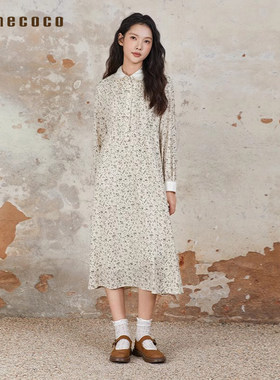 Famecoco折扣店法式田园风娃娃领碎花连衣裙显瘦长裙FAB6FA018
