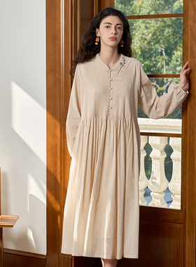 Famecoco范可儿宽松遮肉V领长袖连衣裙新中式刺绣长裙FAC1FA001