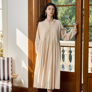 Famecoco范可儿宽松遮肉V领长袖 刺绣长裙FAC1FA001 连衣裙新中式