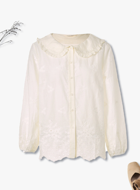 Famecoco折扣店森系文艺风刺绣花边娃娃领衬衫纯棉衬衣FAB1BA018