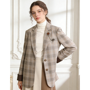 Famecoco折扣店学院风格 百搭女士西服外套F221AW012 纹休闲西装