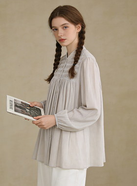 Famecoco范可儿文艺棉麻小立领衬衫百搭宽松灯笼袖衬衣FAB1BH007