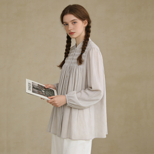 Famecoco范可儿文艺棉麻小立领衬衫 衬衣FAB1BH007 百搭宽松灯笼袖