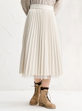 Famecoco范可儿纯色毛呢百褶裙网纱拼接加厚A字半身裙F218HA004