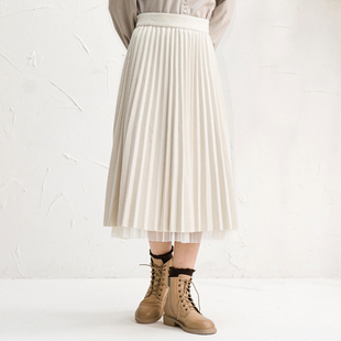 Famecoco范可儿纯色毛呢百褶裙网纱拼接加厚A字半身裙F218HA004