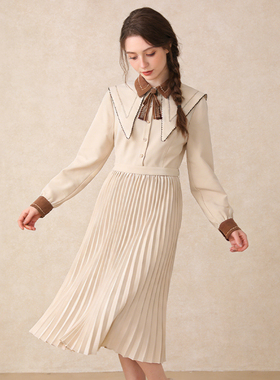 Famecoco折扣店气质双层领高腰显瘦衬衫裙长袖连衣裙F221FA020