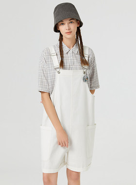 Famecoco折扣店休闲减龄背带短裤宽松直筒工装五分裤F223GF004